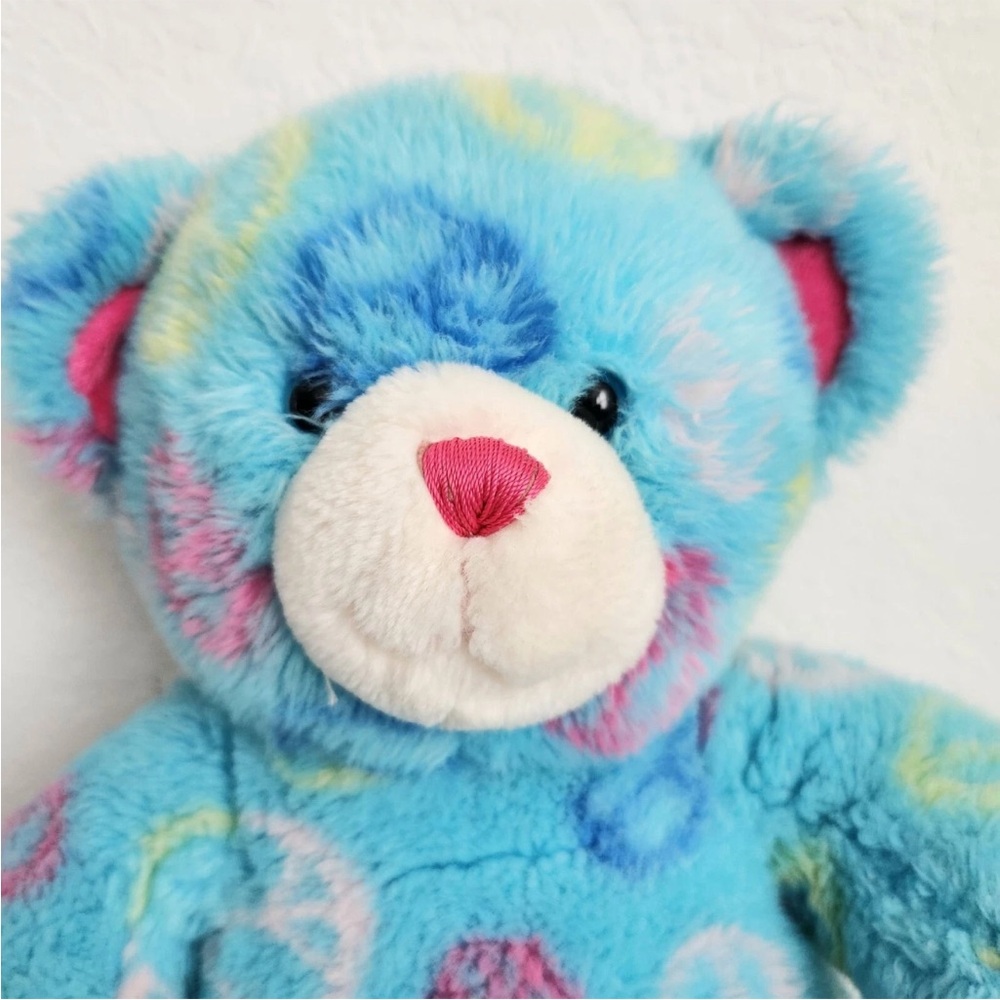 Build A Bear Workshop Peace Sign Teddy Bear Plush Stuffed Animal Blue Pink Paws - Picture 3 of 10